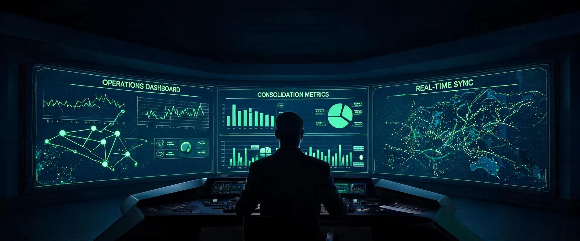 Executive Intuit Enterprise Suite operations center with a curved display wall consolidating multiple company dashboards, implemented by QB Support