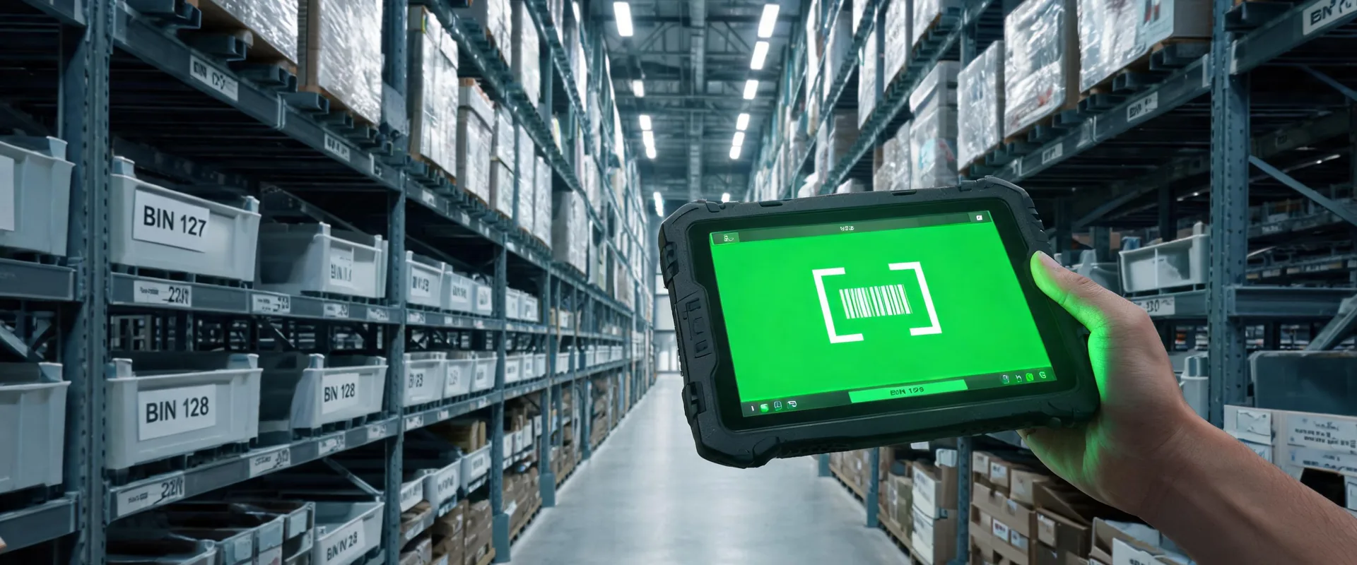 Industrial tablet with barcode scanner interface in a high-rack warehouse - QuickBooks Enterprise Advanced Inventory configured by QB Support