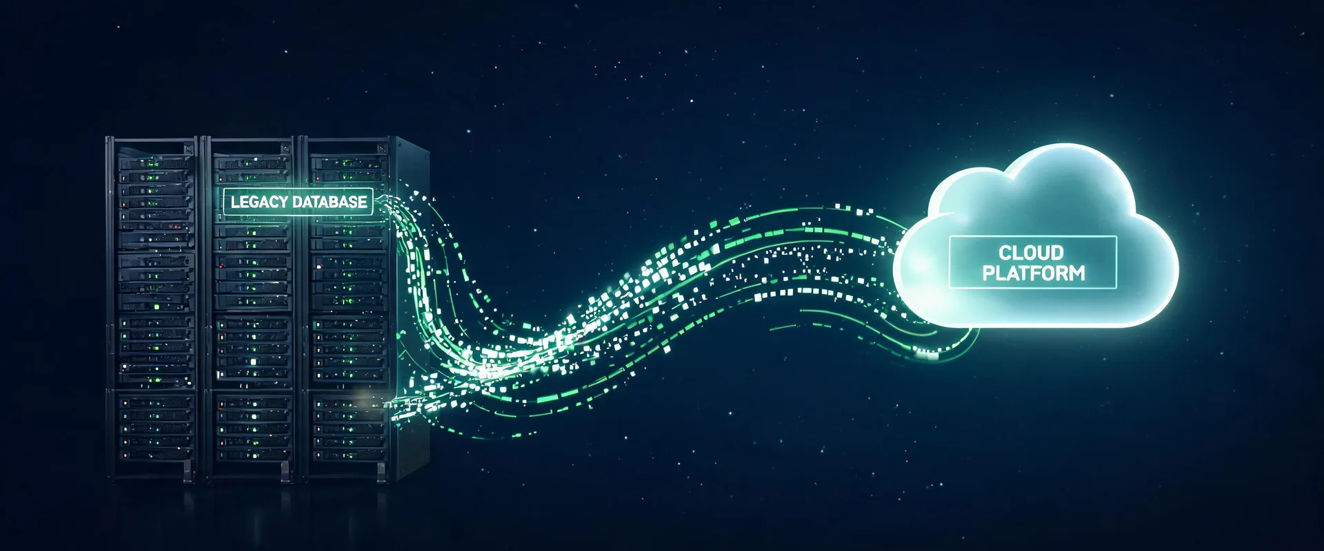 Glowing cloud migration pipeline transferring legacy database packets to the Intuit cloud, managed by QB Support