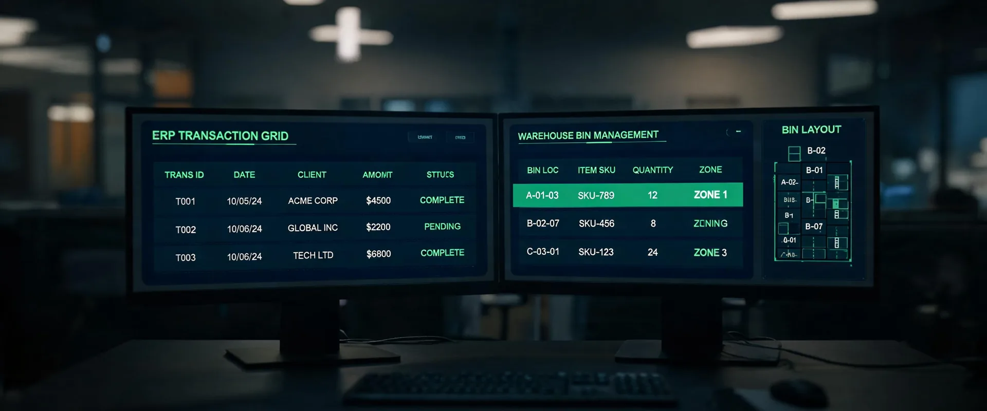 QuickBooks Enterprise dual-monitor operations desk with desktop ERP and warehouse management UI, configured by QB Support